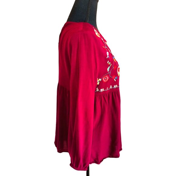 Jodiel Cottage Core Boho Chic Peasant Wine Red Floral Embroidered Blouse M - Picture 5 of 12